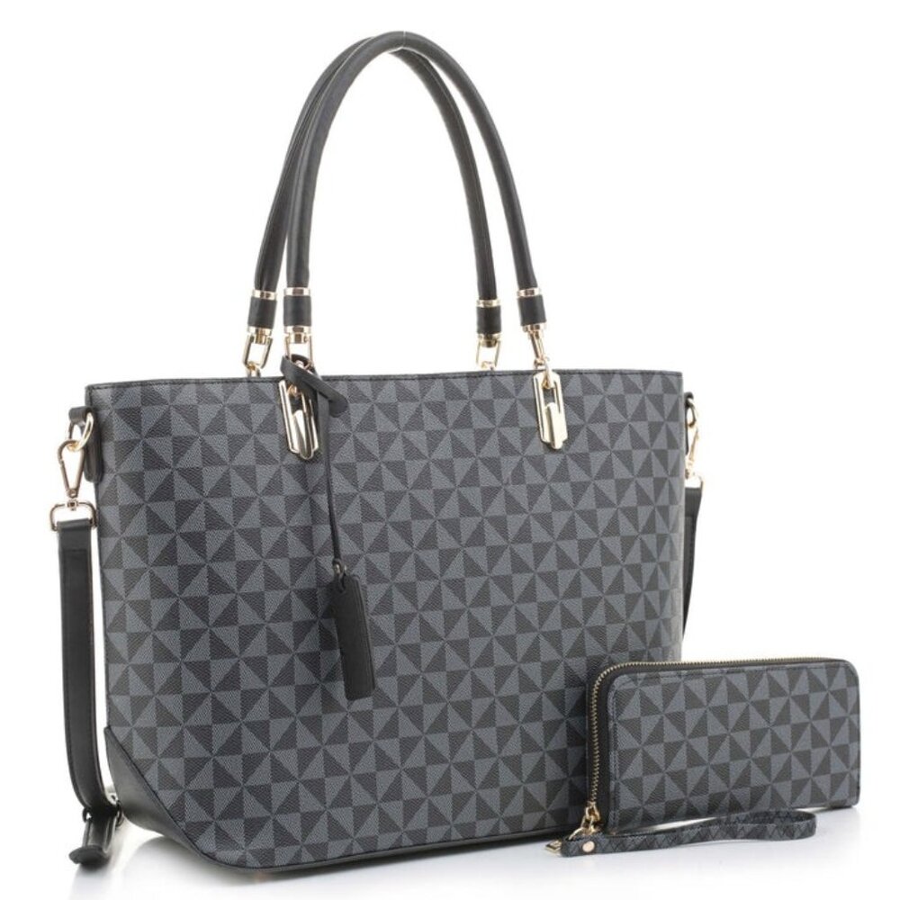 Geometric Tote Handbag Set w/ Wallet Vegan Leather Black Gray 2-in-1